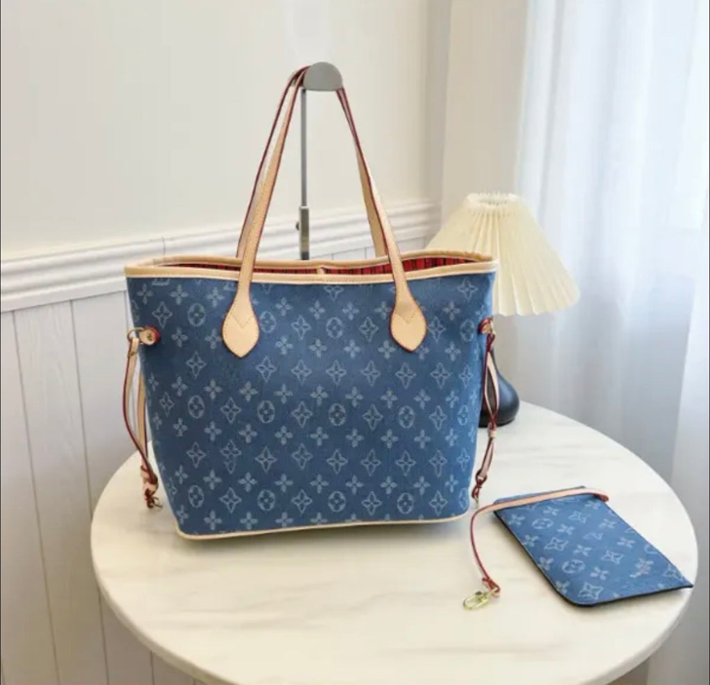 Denim tote with wristlet LV inspired