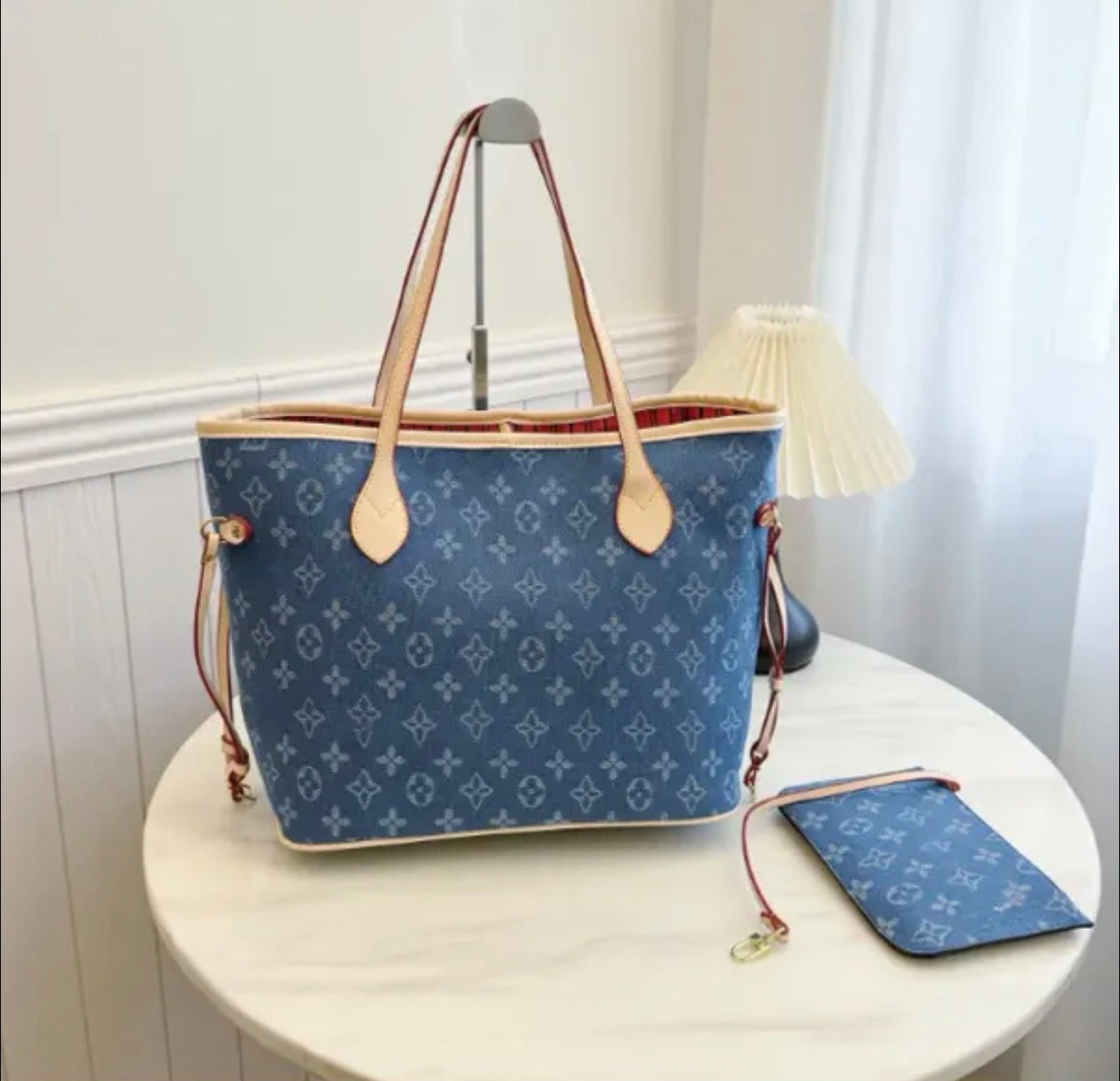 Denim tote with wristlet LV inspired