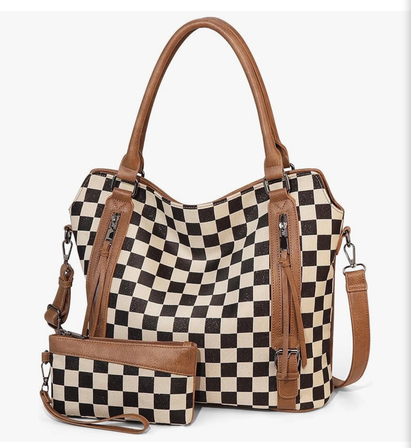Large checkered handbag with Wristlet
