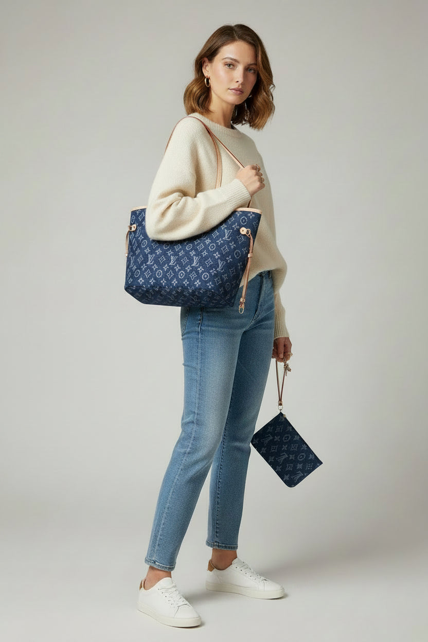 Denim tote with wristlet LV inspired